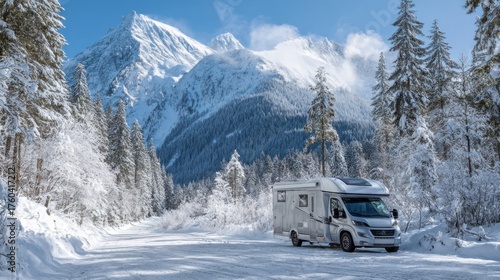 A white camper van is parked on a snowy road in the mountains. The scene is peaceful and serene, with the snow-covered trees and mountains in the background. The van is the only vehicle visible