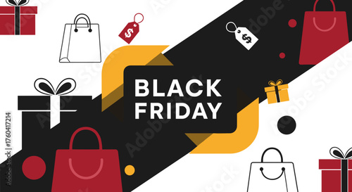 Black Friday sale banner with shopping icons gifts and price tags