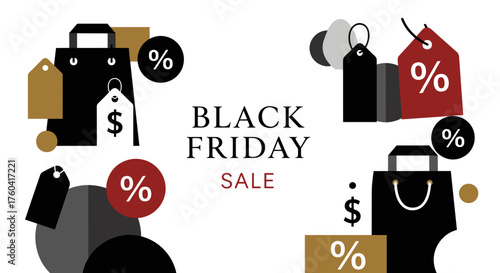 Black Friday Sale banner with shopping bags price tags and percentage symbols
