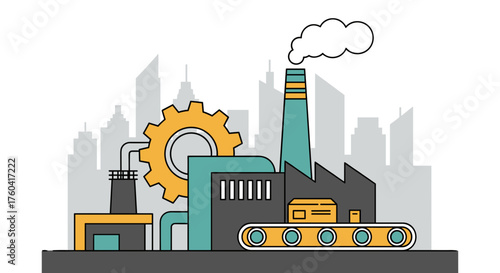 Industrial factory production line vector illustration with gear and smokestack against a city skyline background