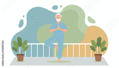 Senior man practices yoga tree pose on balcony Wellness balance and active senior lifestyle