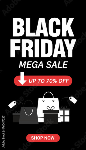 Black Friday mega sale graphic offering up to 70 off with shopping bags and gift boxes Shop now
