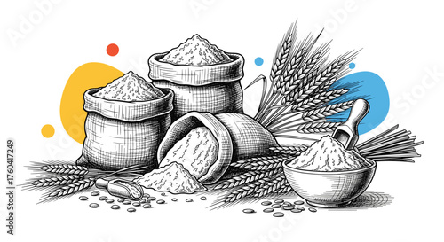 Illustrations of various grains and flours in sacks and scoops for healthy eating and baking.