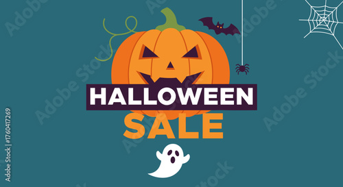 Halloween Sale illustration with pumpkin ghost and spooky elements for promotion