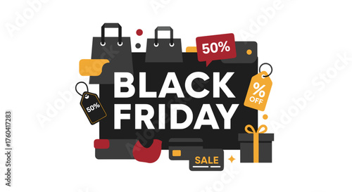 Black Friday commercial sale graphic with shopping bags price tags and discount symbols
