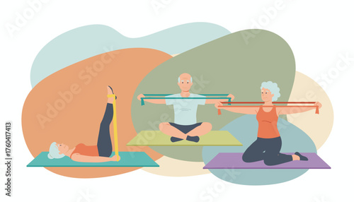 Senior citizens enjoy resistance band exercises promoting active aging fitness and health