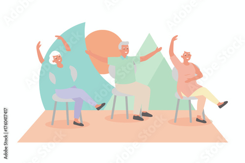Happy senior citizens doing chair exercises promoting active healthy aging and wellness
