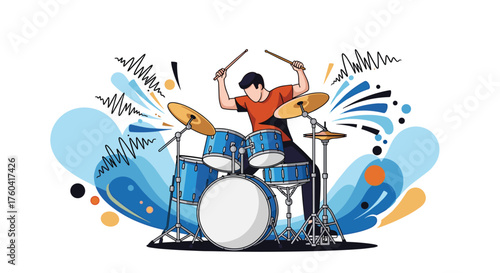 A young musician passionately plays a drum set surrounded by abstract sound waves and colorful splashes in a dynamic illustration.