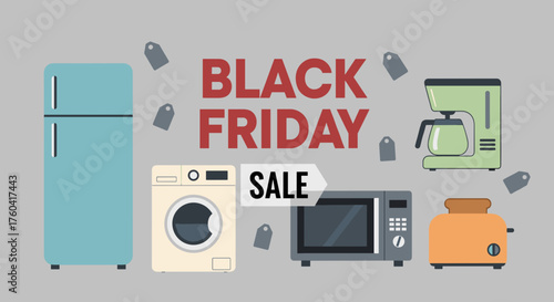 Black Friday Sale banner with major household appliances illustration