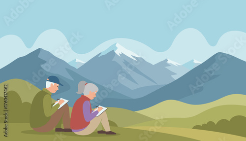 Relaxed senior couple drawing outdoors enjoying mountain view Hobby leisure travel active retirement