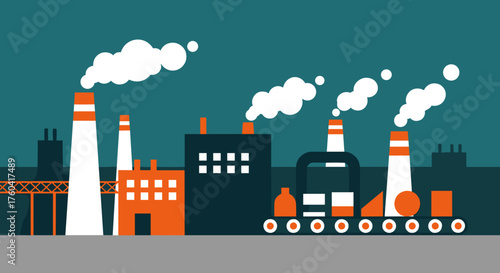 Manufacturing industry graphic Plants smoke stacks and production line
