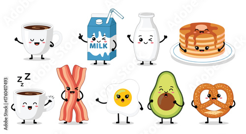 Cute breakfast food characters enjoying a healthy morning meal together.