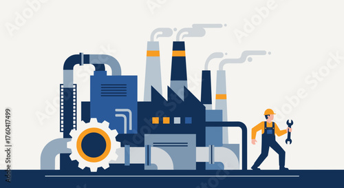 Flat vector illustration of an industrial factory and maintenance worker with wrench Production concept