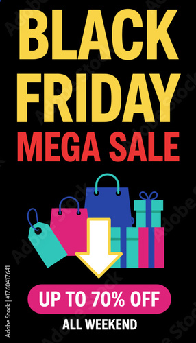 Black Friday Mega Sale graphic with shopping bags gifts price tag and 70 off discount