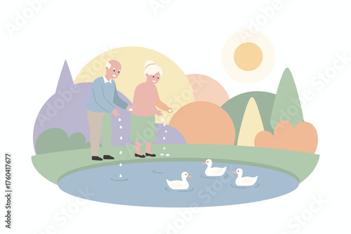 Happy senior couple feeding ducks by a pond in a park enjoying a serene day and active lifestyle