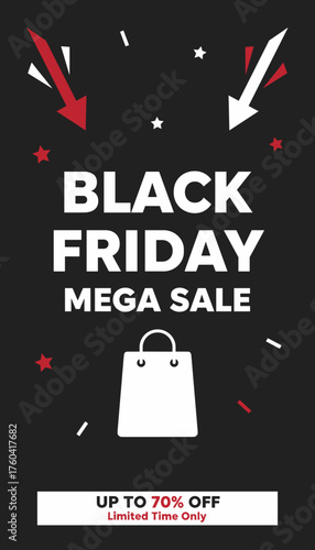 Black Friday Mega Sale banner offering up to 70 off Perfect for retail promotions