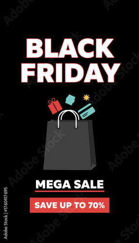 Black Friday Mega Sale graphic with shopping bag gift and credit card Big savings offer