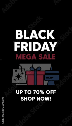 Black Friday Mega Sale banner with shopping bags gift credit card Up to 70 off Shop now