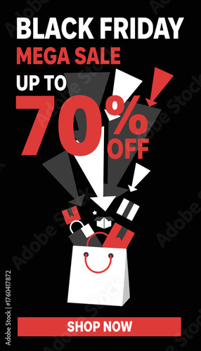 Black Friday Mega Sale graphic with up to 70 off shopping bag bursting with discounts Shop now