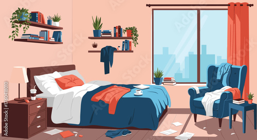 A cozy and lived-in bedroom scene with a large window and city view.