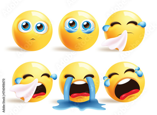 Emoji crying sad face clipart set. Yellow icon emoji sad face characters clip art with tears, confused, cry, grief and lonely facial expression collection vector illustration. 
