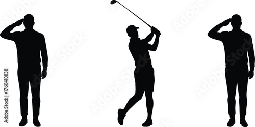 Silhouette of man playing golf and saluting, golfer swing pose, sports training, respect gesture, athletic lifestyle, competition and discipline concept