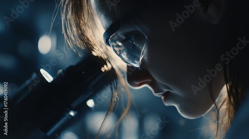 A focused individual intently examines a sample through a microscope, illuminated by a cool, clinical light, conveying dedication to scientific inquiry and discovery.
