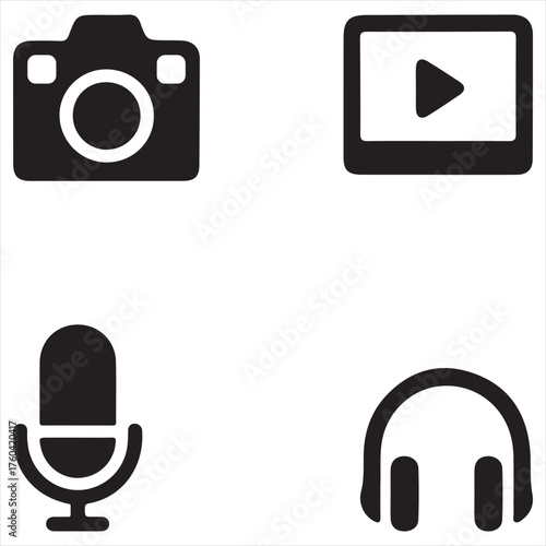 Camera, Microphone, Video, and Headphone Icons for Media and Podcast Design