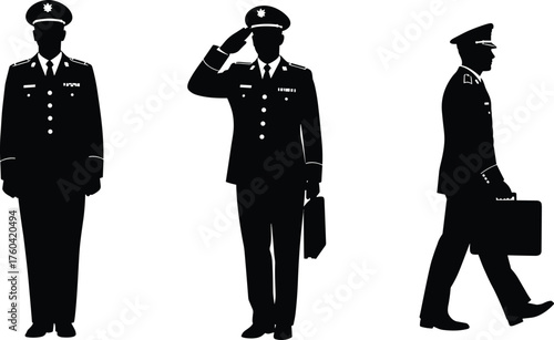 Silhouette of military officer standing, saluting, and walking with briefcase, professional army man illustration, discipline, authority, and leadership concept