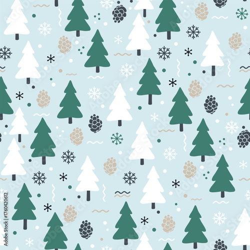 Christmas Tree Pattern Vector. Seamless Christmas Tree Pattern with Snowflakes and Pine Cones. winter forest seamless pattern Background.