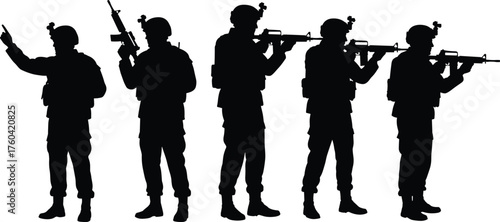 Silhouette of modern army soldiers with rifles standing and aiming, military teamwork illustration for defense, security, combat training, and warfare