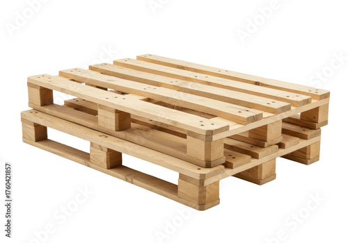 Isolated wooden pallets stacked in warehouse for industrial storage and freight logistics