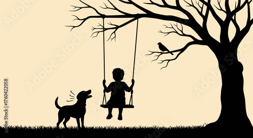 Silhouette illustration depicting childhood joy with a child on a swing, a dog, and a bird in a