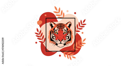Stylish tiger illustration with autumn leaves and modern design elements providing artistic elegance