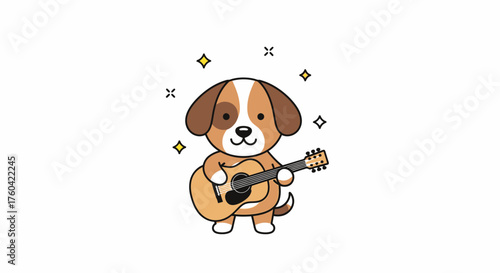 Cartoon dog playing acoustic guitar surrounded by stars evokes a sense of joy and music