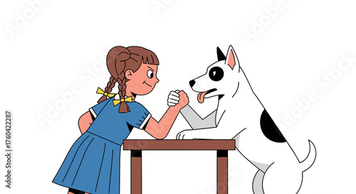 Cartoon illustration of a girl arm wrestling with a dog in a playful competition against a white