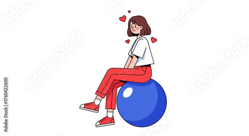 Playful girl illustration sitting on a bouncy ball surrounded by hearts, expressing joy and