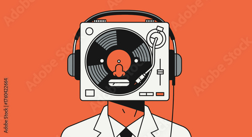 Creative illustration of a DJ with a turntable head wearing headphones in stylish flat design