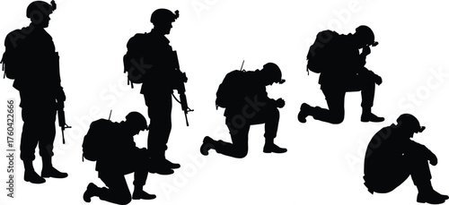 Silhouette of soldiers kneeling, sitting, and standing with rifles, army men in combat gear, military posture concept illustration