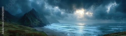 Dark cloudy sky with storm brewing in distance concept. Dramatic seascape with stormy skies and rugged coastline.