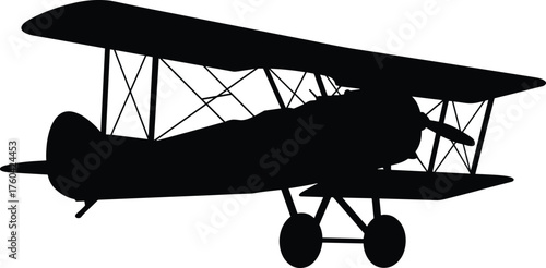 Silhouette of vintage biplane aircraft, old airplane design with double wings, aviation history, classic flight, retro aviation, air travel