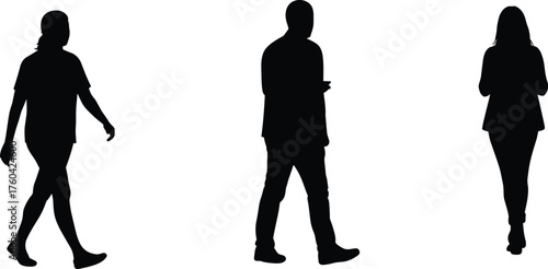 Silhouette of walking people, man and woman in casual clothes, business and daily lifestyle concept, black vector illustration design