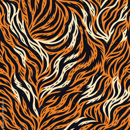 Tiger skin pattern vectand illustration with wild animal stripes and fur texture background, great fand wallpaper murals, fabric prints, tile patterns, and creative projects.