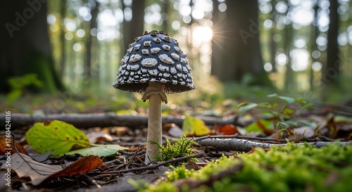 Magpie Inkcap Mushroom in Forest Sunlight.