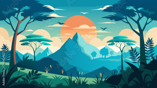 Vector art of scenic landscape illustration of mountain and trees at sunrise in blue tone