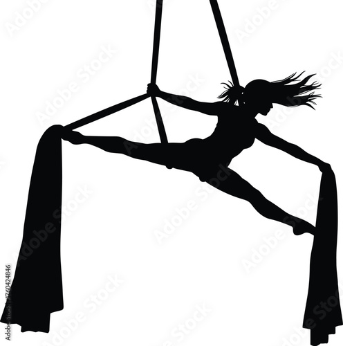 Silhouette of woman performing aerial silk split pose, acrobatic aerial dance illustration, fitness flexibility art, strength and balance concept