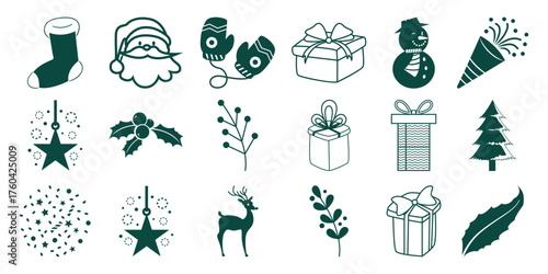 Festive Christmas Icons: Santa, Snowman, Gifts, Tree, Stocking, and More