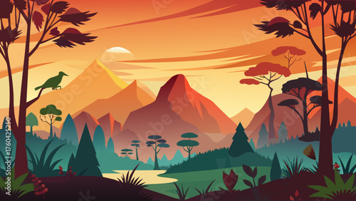 Vector art of scenic mountain landscape with trees, birds, and river at sunset or sunrise