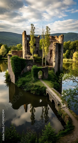 Carew Castle Ruins Reflected in Millpond, Pembrokeshire, Wales.