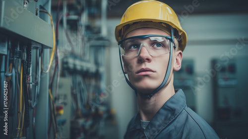 electrician. A focused electrician in safety gear, standing against an industrial background with soft lighting. safety posters.